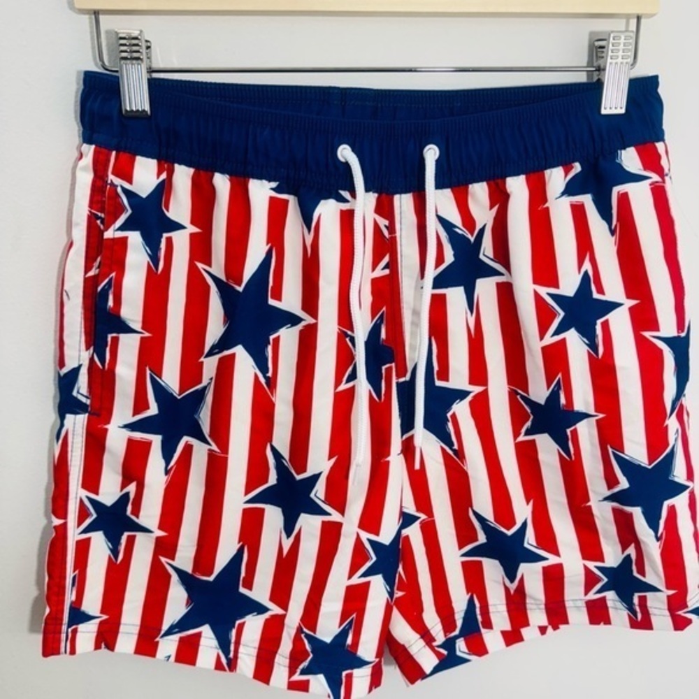 Mad Engine Swim Shorts Men S Blue Red Star Print Striped Americana Thermal Lined